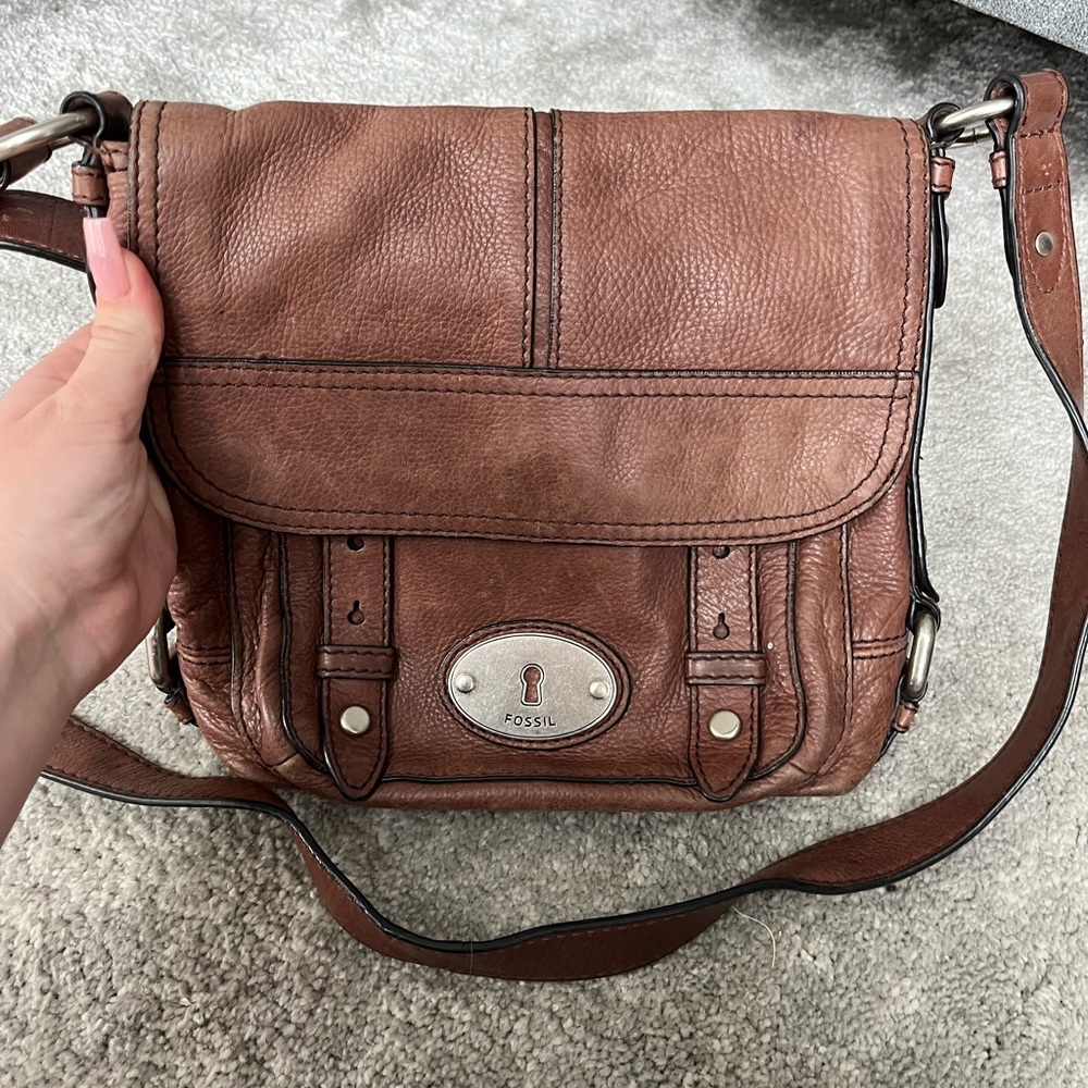 Fossil Maddox Vintage Crossbody Flap Satchel Leather Brown
